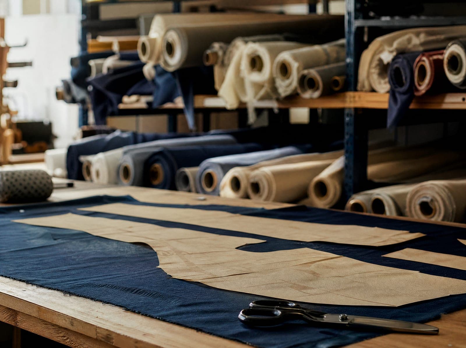 Fabric rolls and a cutting table with paper patterns and shears