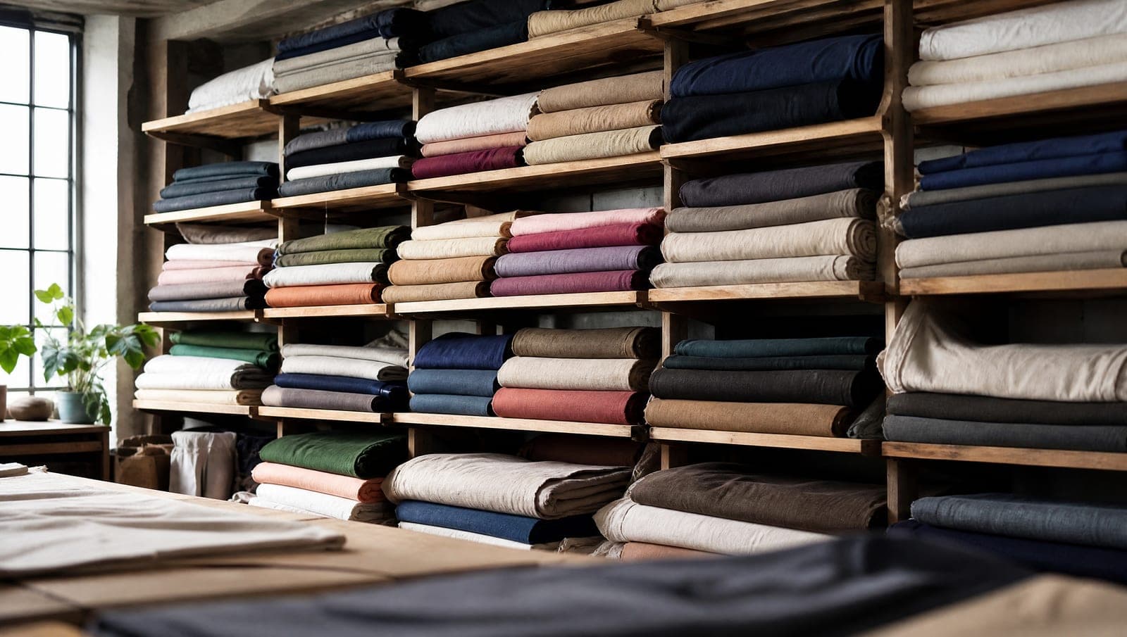Wide shot of bolts of fabric stacked on shelves in a daylight workshop