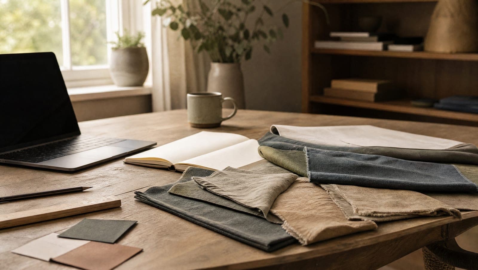 Warm tidy desk with a laptop, notebook and fabric swatches near a window