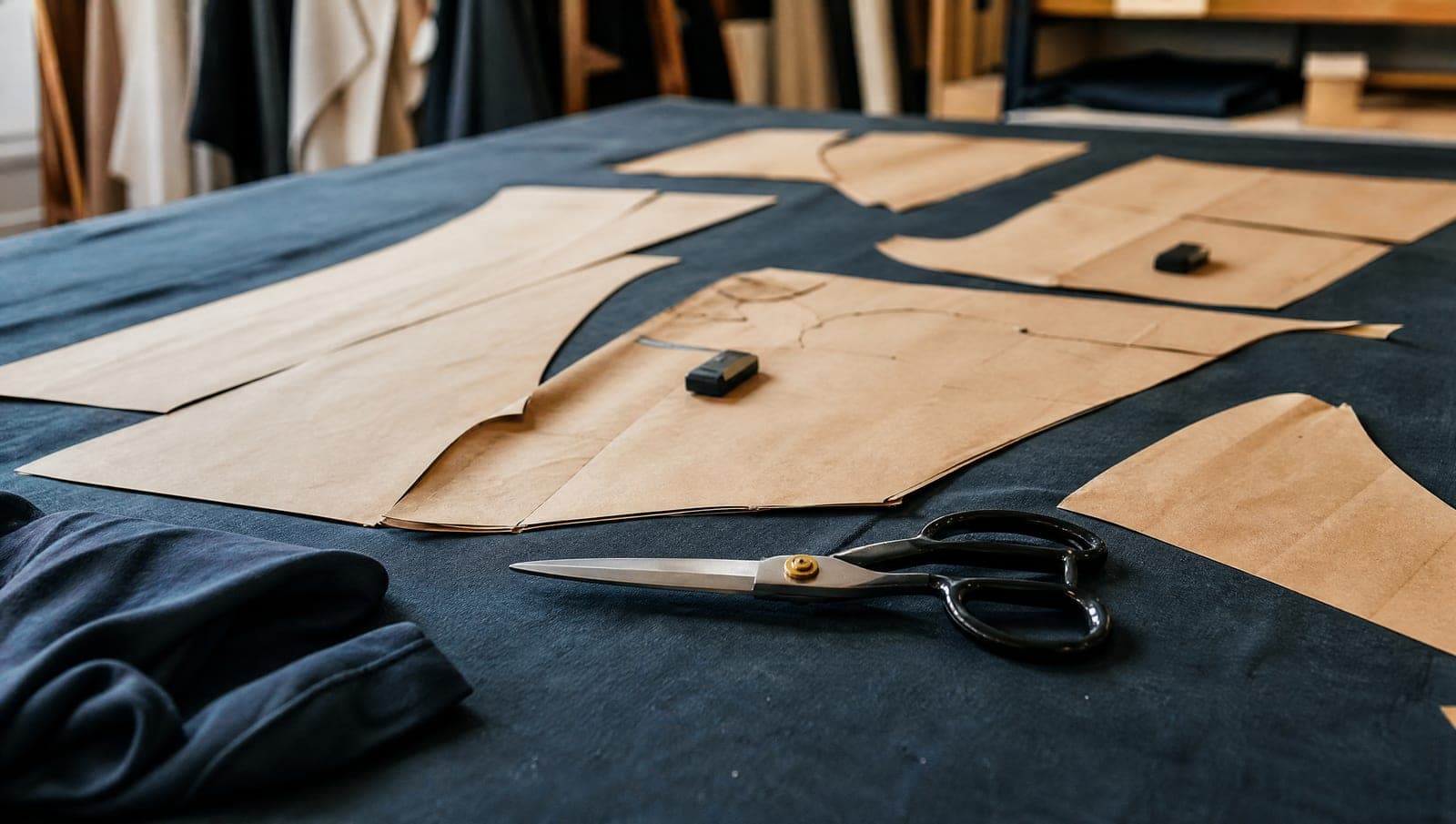 Cutting table with paper pattern pieces and shears under bright light