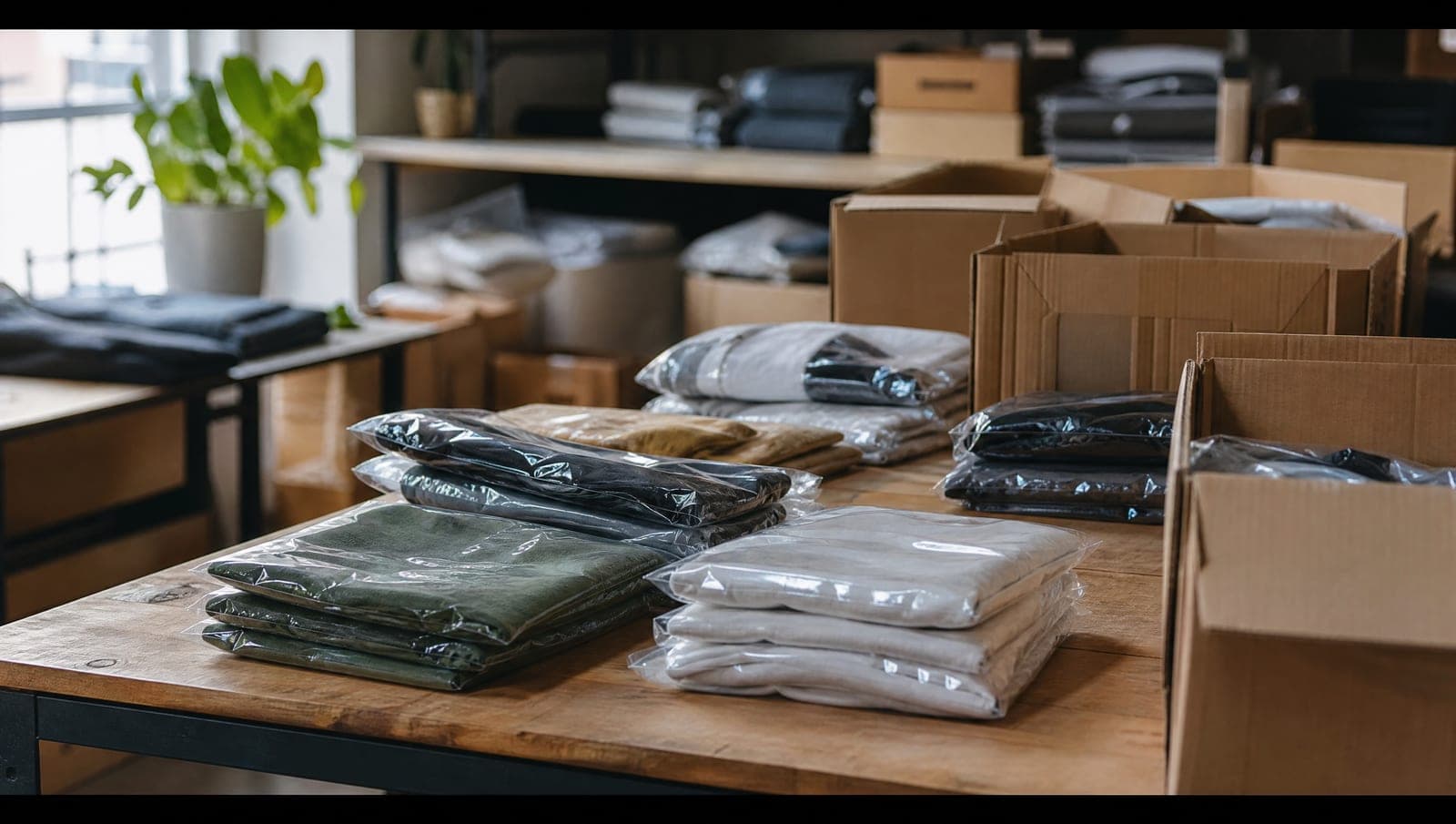 Packing table with folded garments in poly bags and cartons