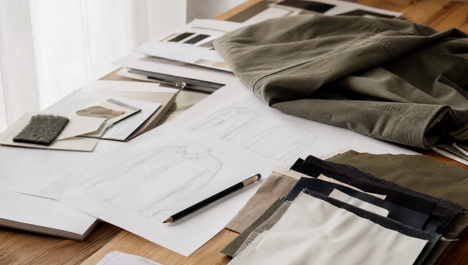 Desk with tech pack sketches, swatches and a pencil