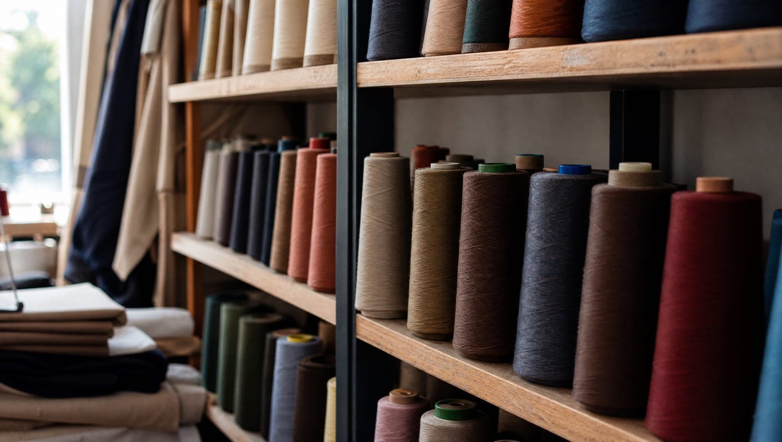 Wall shelf of colored thread cones, shallow depth of field